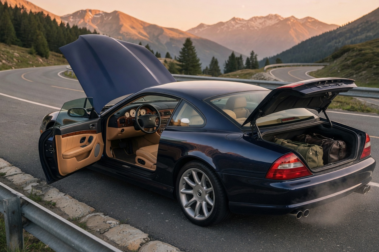 Klassischer V12-Gran-Tourer in Mitternachtsblau auf einem Alpenpass bei Goldstunde; Tür leicht geöffnet mit edlem